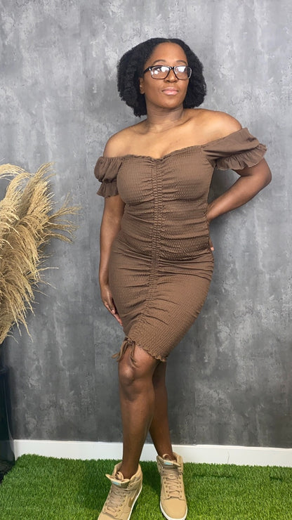 Bonnie Ruched off the Shoulder Dress | Chocolate Brown