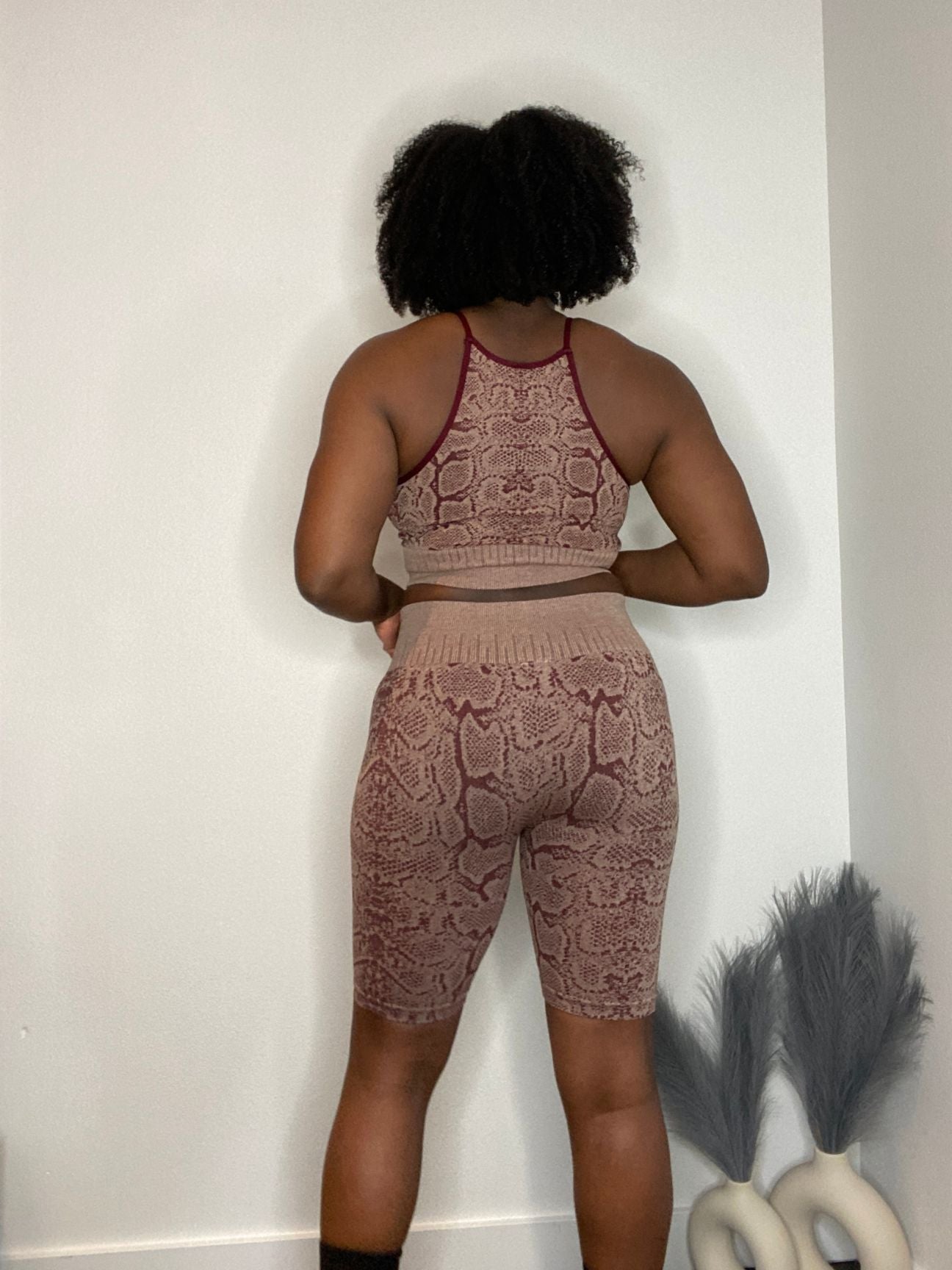 Snake Print Sports Bra and Biker Short Set | Burgundy