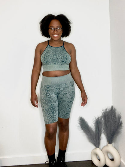 Snake Print Sports Bra and Biker Short Set | Deep Teal