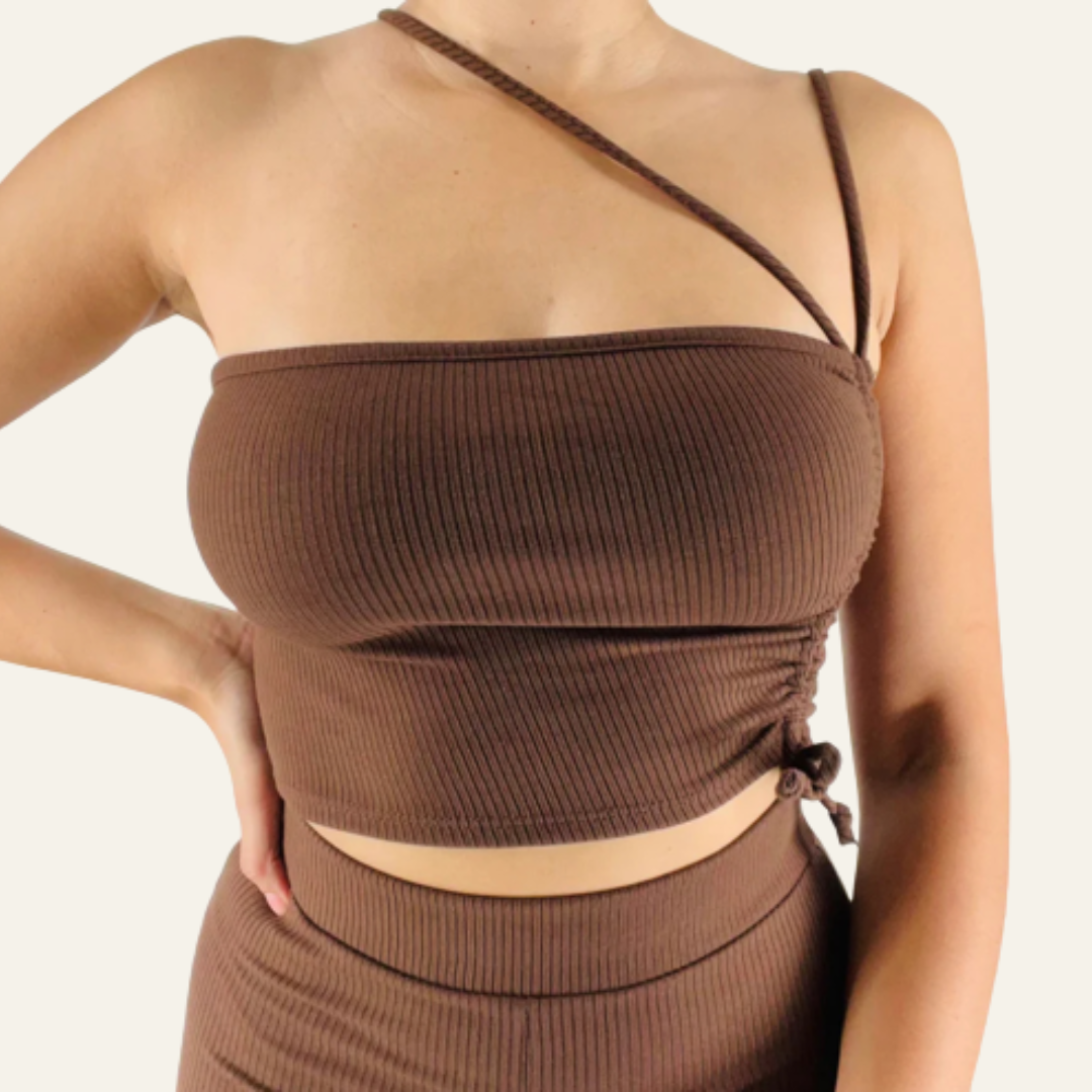 Nikki Ribbed Double Strap Top Chocolate Brown