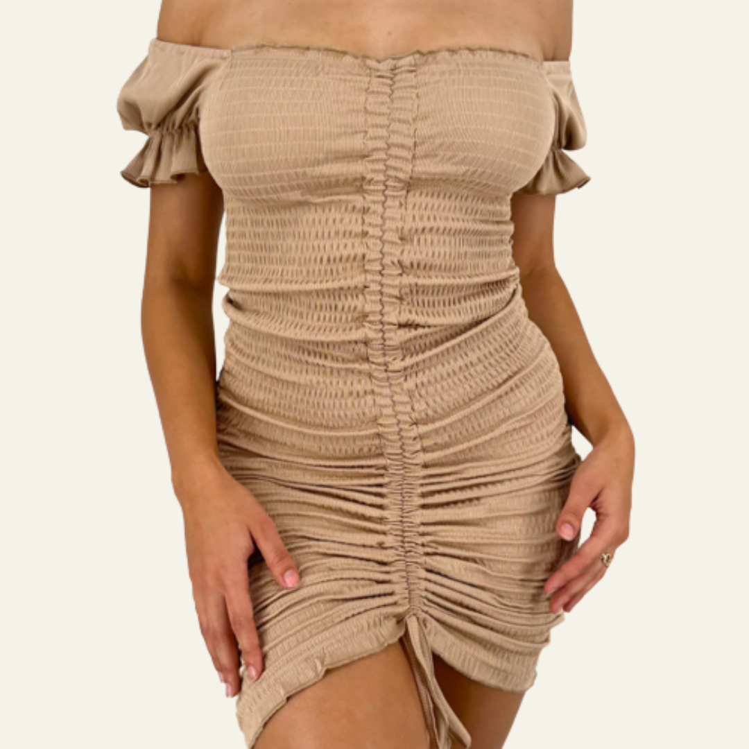 Bonnie Ruched off the Shoulder Dress khaki 