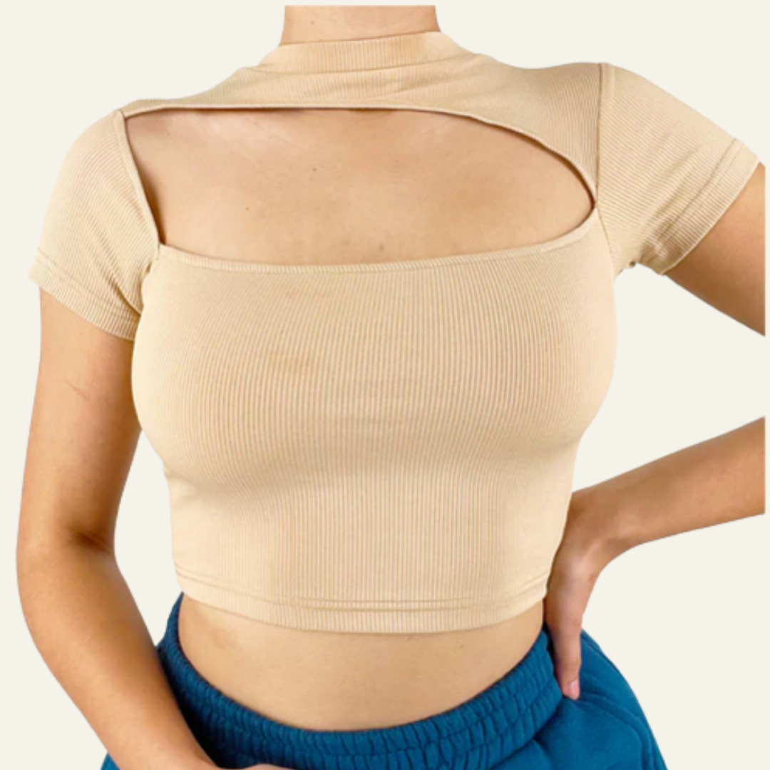 Shay Ribbed Cut Out Crop Top | khaki | tan