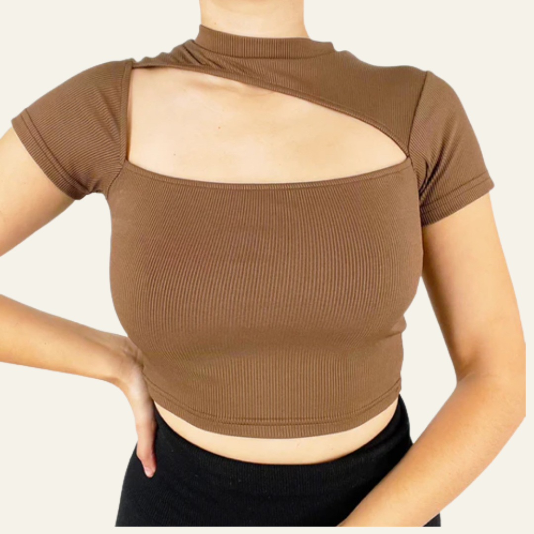 Shay Ribbed Cut Out Crop Top Chocolate Brown